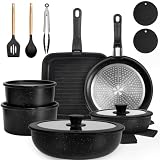 【𝙉𝙊𝙉 𝙏𝙊𝙓𝙄𝘾】Featuring a coating free from PTFE, PFAS, PFOA, and other harmful chemicals, our non-toxic cookware set would be one of your favorite kitchen essentials. It ensures no peeling even when scratched during prolonged use. Ideal for preparing m...