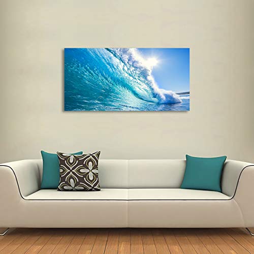 Image of Haichuang Decor Art Framed Ocean Wave Wall Art, 48x24 Inch Large Horizontal Turquoise Sea Canvas Prints, Coastal Beach Nautical Wall Decor for Living Room Bedroom Bathroom Ready to Hang