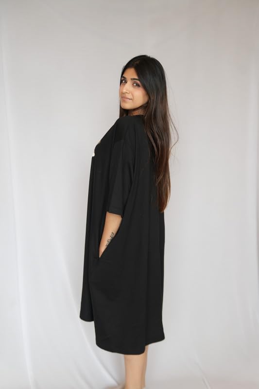 Image of LAMA STORE Women's Printed Oversized T-Shirt Dress, Cotton, 3 /4 Sleeve Length, Casual Loose Fit, Comfort Wear Extra Comfy Oversized Printed Pocket T-Shirt Dress