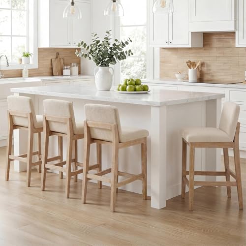 Image of Zesthouse Wood Bar Stools Counter Height Set of 4, 26 inch Modern Bar Stools with Back & Solid Wooden Leg, Mid Century Farmhouse Barstools, Beige Linen High Chairs for Kitchen Island, Antique Brown Finish