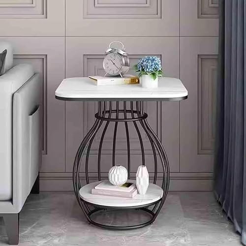 Image of Modern Side Table Corners Living Room Square Table Double Tier Sofa Side Table,Round Base Coffee Table,Portable Bedroom Nightstands Small Space (Black White 2)