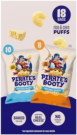 Set sail for a snacking adventure with PIRATE’S BOOTY Aged White Cheddar Cheese Puffs and PIRATE'S BOOTY Aged White Cheddar Blast Cheese Puffs. Made with rice, corn and real cheese, these baked, not fried, puffs deliver delicious aged white cheddar flavor in every light and airy crunch. Their fun-to-munch texture and playful pirate spirit make snack time a treasure for the whole family. As a kosher certified snack containing no artificial colors and gluten free ingredients, this is one you can feel good about sharing with the whole crew. Packed in individual bags, PIRATE’S BOOTY cheese puffs are ready for all kinds of snacking moments, from lunch boxes and after school bites to road trips, movie nights and casual get-togethers.