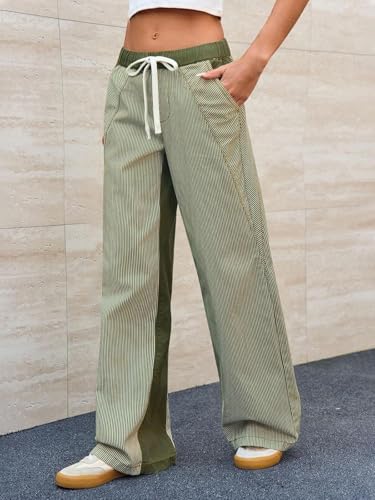 utcoco Women's Y2K Low Rise Striped Jeans Baggy Wide Leg Drawstring Denim Pants Patchwork Trousers2