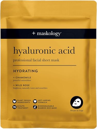Image of MASKOLOGY HYALURONIC ACID Professional Face Sheet Mask Pack of 5 | Anti Aging Face Mask | Hydrating Face Masks Skincare | Chamomile & Wild Rose | 100% Plant Based |