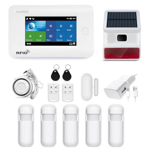 HUXGO HXA006 Funk Alarmanlage WiFi + GSM Modul mit 5X Bewegungssensoren und Solarsirene - Alarmanlage Wohnung Garage - Funk Bewegungsmelder mit Empfänger