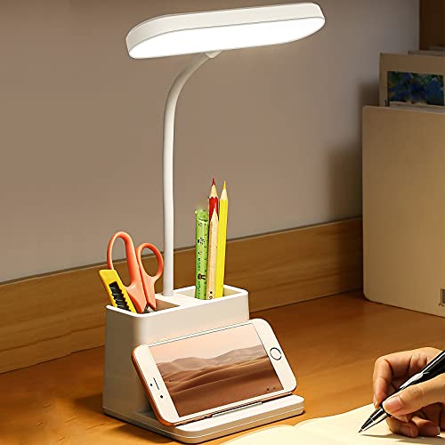 LED Desk Lamp with Pen Holder,Rechargeable Gooseneck Table Lamp,3 Color Modes & 3 Brightness,White Desk Light for Video Conferencing/Study/Home/Office/Dormitory