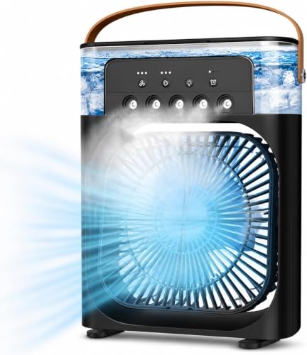 Image of Portable Air Cooler Mini Air Conditioner USB Personal Desk Fan with Mist Humidifier, 3 Speeds, Timer, 7 Colour LED Light, Quiet Cooling Fan for Home Office Bedroom Car
