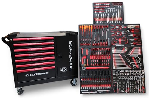 DeTec. Werkzeugwagen XXL befüllt mit Werkzeug | 7 Schubladen gefüllt | KFZ Werkstattwagen Carbon Optik Einleger | KFZ Werkzeugkasten bestückt Red Black Edition Profiwerkzeug