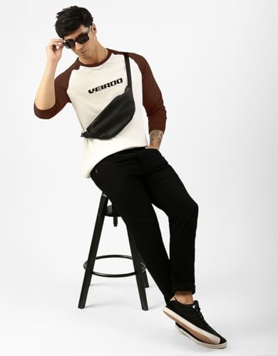 Image of Veirdo Pure Cotton Regular Fit Round Neck Front Chest Typographic Logo Printed Raglan Full Sleeve T-Shirt for Men (Colors: Green, Brown & Maroon)
