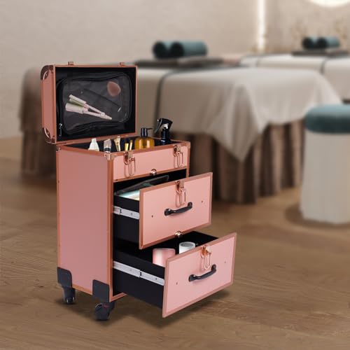 Image of Professional Rolling Makeup Train Case, Cosmetic Trolley with 360Swivel Wheels Keys, Large Storage Traveling Cart Trunk for Nail Technicians Hairstylist Mobile Stylists (Rose Gold)