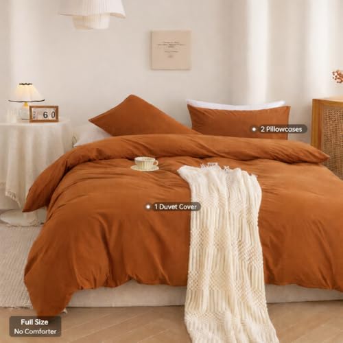 Image of ECOCOTT 100% Washed Cotton Duvet Cover Full Size - Soft & Breathable Linen Feel Bedding Set, 3 Pieces Orange Comforter Cover with Zipper Closure for All Seasons