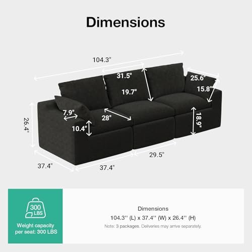 Image of Novilla 104.3 inch Modular Cloud Couch, Modern Sectional Sofa with Smarts Coil Support, Chenille Fabric, Upholstered Couch for Living Room Apartments Bedroom, No Assembly, 3 Seater, Dark Grey