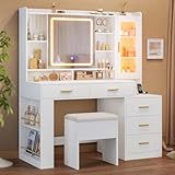 DICTAC Makeup Vanity Desk with Sliding LED Lighted Mirror, 47.2'W Large Vanity Desk with Drawers, Shelves and Side Storage, RGB Glass Cabinet, White Vanity Table Set with Charging Station for Bedroom