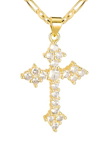 14K Gold Plated Women's Cross Necklace, Cubic Zirconia Copper Cross Pendant, Valentine's Mother's Day Gifts for Her with Jewelry Box Figaro Link Chain, Alloy Brass CZ Diamond Bridal Wedding