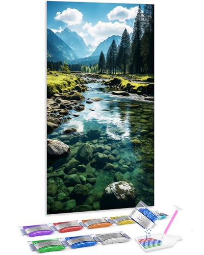 Punto de cruz diamante 5D de 70x40 cm con diseño de montaña y lago Jumpdot