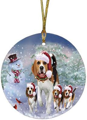 Santa Sled Dogs Beagle Christmas Round Flat Ornament - Pet Decorative Hanging Ornaments for Christmas X-mas Tree Decorations - 2.75" Round Flat Ceramic Christmas Ornament POR1540