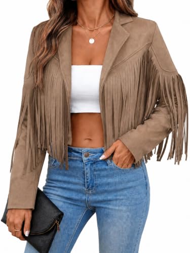 MATEAM Tassel Jacket For Women Cowgirl Fringe Faux Suede Leather Lined Jackets Womens Coats Western Tops Country Concert 80s Outfits Apricot L