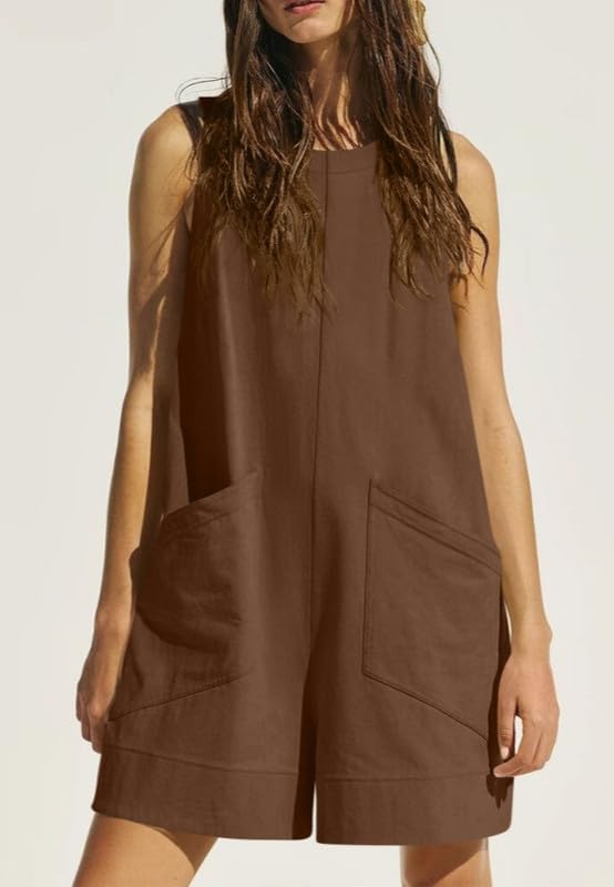 Haibang Mono Mujer Verano Corto Sin Mangas Cuello Redondo Peto Mujer Verano Casual Sueltos Jumpsuit Elegante Monos de Mujer Cortos Una Pieza Mono Pantalon con Bolsillos Informal Playa Playsuit