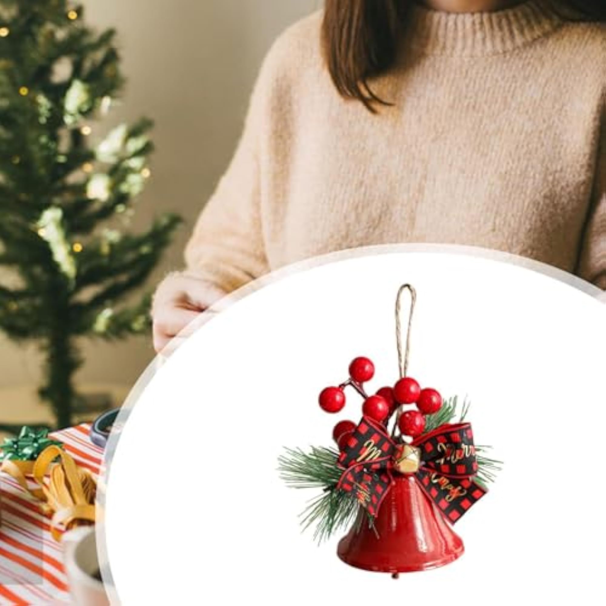 Christmas Bow with Bell Small Rustic Plaid Bows Pendant