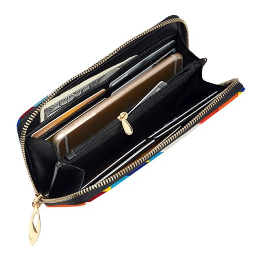 Women's Long Cash Wallet, PU Leather Elegant Clutch Change Purses with Zipper, Travel, Gifts (Colorful Square Print)4