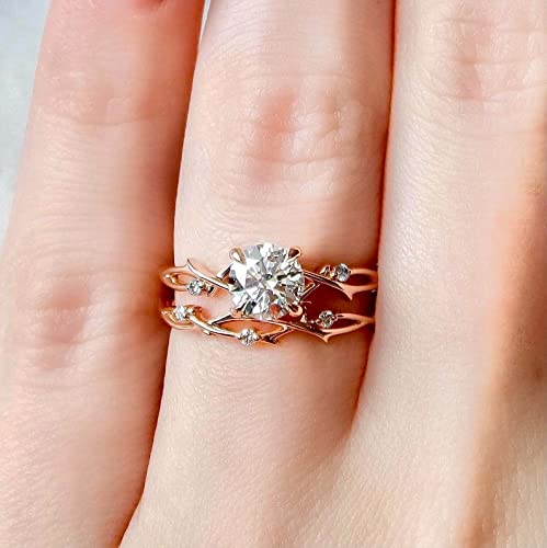 Silverdia 2 Ct Round Cut Diamond Women's Twig Wedding Band Engagement Ring Set 14K Yellow Gold Finish Handmade Fine 925 Sterling Silver Stacking Matching Anniversary Gift For Her #TOP3