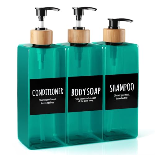 DEROANBOTT Shampoo and Body soap Dispenser, 16.9 Ounce 3-Pack Reusable Shampoo and Conditioner Bottle, pushable Bamboo Pump Empty Shampoo Bottle, Suitable for Other Bathroom scenarios (Green)
