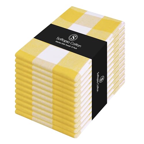 Image of Buffalo Check Kitchen Towels, 16x26 Inches, 4 Pack Plaid Tea Towels, Reusable Cotton Dish Cloths, Quick Drying, Absorbent Towel for Cooking, Drying Dishes, Lemon Yellow and White