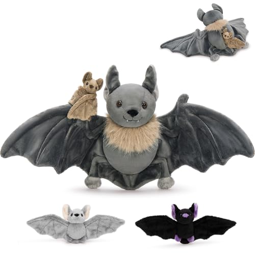 MorisMos 80cm Fledermaus Kuscheltier XXL mit 3 Babys Grau Groß Fledermaus Plüschtier Stofftier Kuscheltiere Riesen Großes Spielzeug Geschenk für Kinder Geburtstag Weihnachten Geschenk