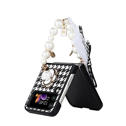 Galaxy Z Flip 4 Case With Pearl Strap, Cute Flower Tartan Cover Case For Z Flip 4 With Strap Wrist For Women Girls, Slim Fit Luxury Pc Shockproof Case With Lanyard For Samsung Galaxy Z Flip 4 5G 2022 #TOP5