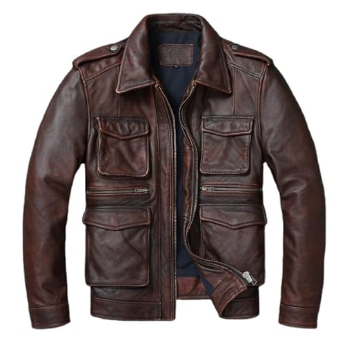 Men's Classic Vintage Brown Genuine Leather Jacket with Multi-Chest Flat & Zipper and Utility Pockets
