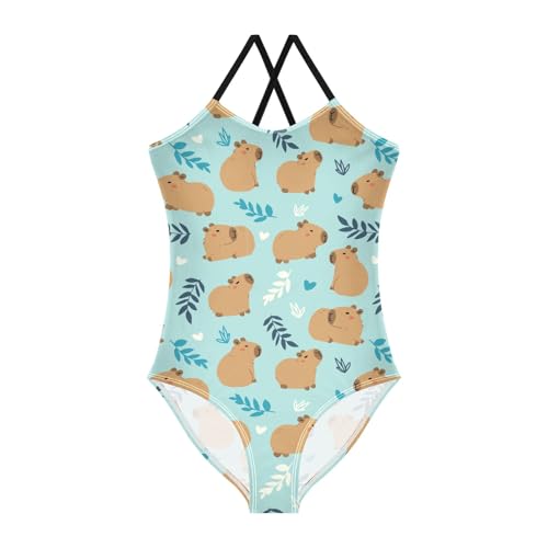 Image of Girls One Piece Swimsuits Cute Capybara Simple Flower Yellow Pattern Cute Swimwear Bathing Suits 3-10T