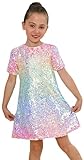 2Bunnies Girl Toddler Ombre Pastel Gradient Shimmer Sparkle Colorful Sequin Birthday Dress (Short Sleeve, 7/8)