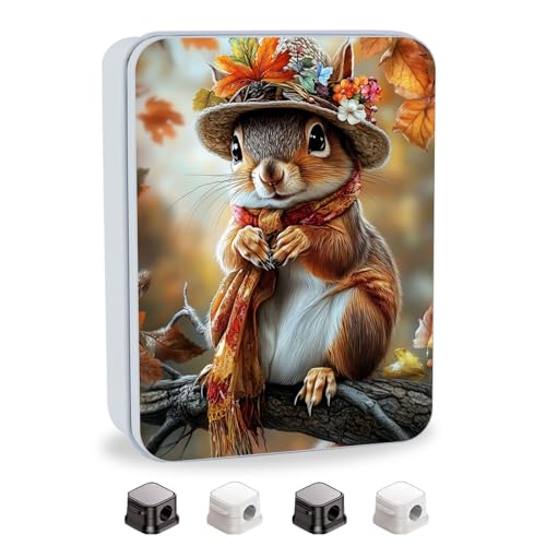 Image of Metal Tin Box with Lid,Multi-functional Storage Large Box Can Store Tea Biscuits Game Cards, Playing & Tarot Cards-Comes with 4 Magnetic Cord Clips,Cute Squirrel Wearing Hat