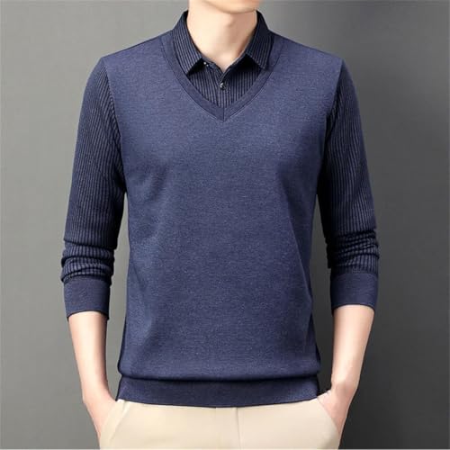 Disimlarl Men's Striped Spliced Sweaters Embroidery Long Sleeve Jumper Fake Two Piece Casual Pullover2