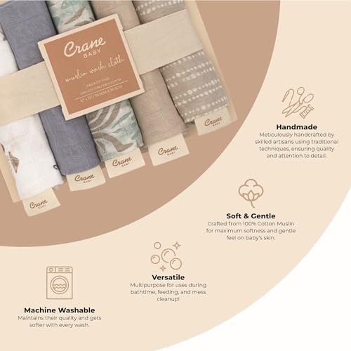 Image of Crane Baby Wash Cloth Set, 100% Cotton, Set of 5 Baby Washcloths, Sea Life Starfish Theme, Newborn Muslin Baby Washcloths, Baby Registry Gift