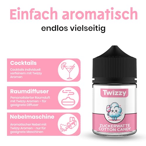 Twizzy Zuckerwatte Lebensmittelaroma -60ml- Intensives Aroma – Ideal zum Backen, in Lebensmitteln & Getränken, auch für Vernebl., Nebelm., uvm