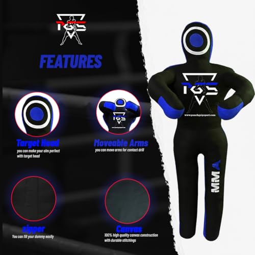 MMA Grappling Dummy Brazilian JIU Jitsu BJJ Punching Bag for Self Defense Wrestling Judo Karate Boxing Throwing Submission Standing Position - UNFILLED (Black Blue, 6FT / 70") by PGS - Image 2