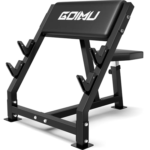 GOIMU PC01 Preacher Curl Bench, Seated Arm Isolated Barbell Dumbbell Bicep Station, Adjustable Bicep Curl Machine with 2 Bar Holders for Home Gym