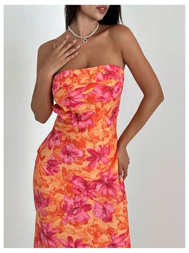Image of GORGLITTER Women's Floral Dress Strapless Tube Open Back Bodycon Boho Summer Wedding Guest Vacation Beach Maxi Dresses