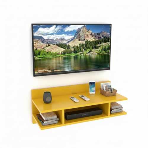 Image of Engineered Wood Set Top Box Stand | Wall Mounted TV Unit Shelf for Router, WiFi, DVD, Gaming Console | Sturdy & Space Saving TV Accessory Organizer (Brown, 50 x 20 x 15 cm) (Yellow)