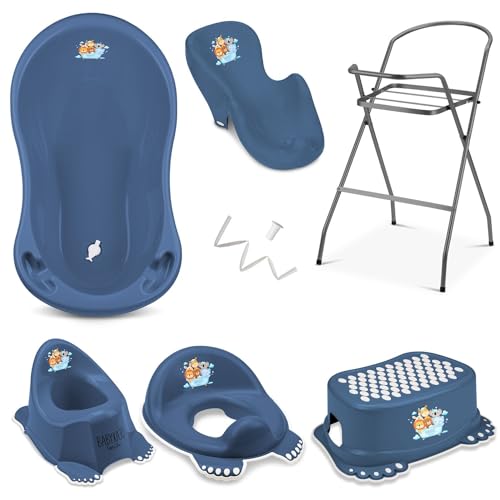 Baby Badewanne mit Gestell 7 Set TÜV Rheinland geprüft - Babybadewanne + Baby Badewannensitz + Ständer + Abfluss + Töpfchen + Hocker + WC Sitz Kinder