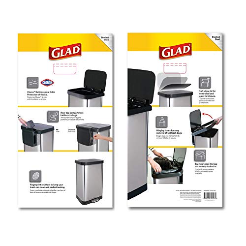 Glad Stainless Steel Step Trash Can with Clorox Odor Protection | Large Metal Kitchen Garbage Bin with Soft Close Lid, Foot Pedal and Waste Bag Roll Holder, 20 Gallon