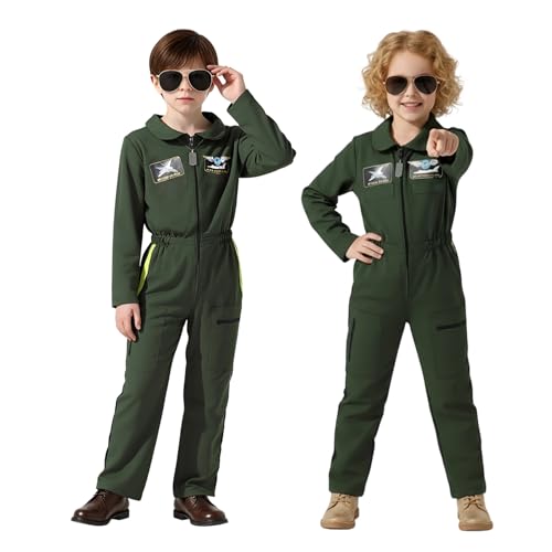 Joyincoser Pilot Kostüm Kinder Flieger Pilotenanzug Uniform mit Sonnenbrille Cosplay Halloween Party Karneval Kleidung Faschingskostüme für Junge Mädchen (110cm)