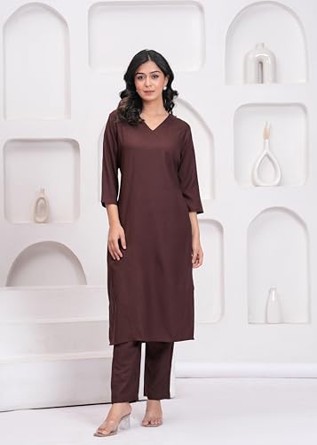 Image of Rayon Plain V Neck Kurta Pant Set for Women and Girls
