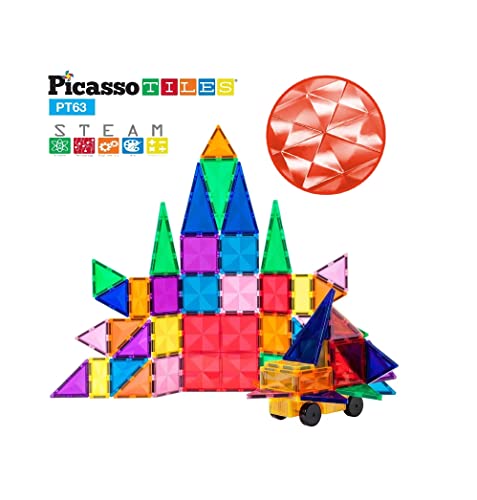 Picassotiles 63 Piece Magnetic Building Block Construction Toy Set Diamond Magnet Tile Blocks With Car Truck Stem Learning Kit Early Education Builder Playset Toys For Children Toddler Boy Girl Age 3+ #TOP1