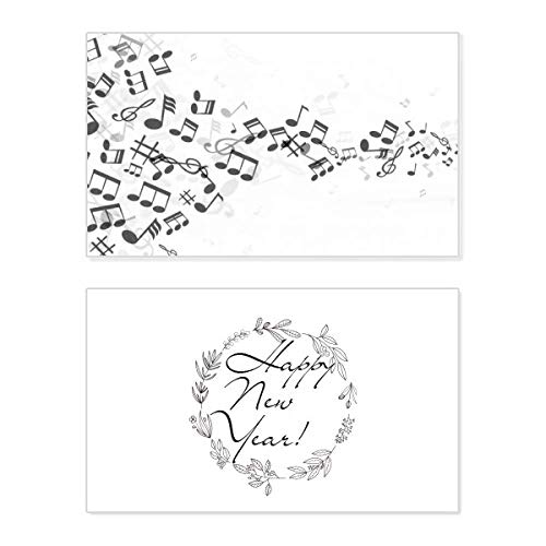 Tarjeta de Año Nuevo con notas musicales para un inicio de año elegante y lleno de ritmo