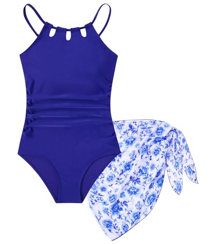 Image of Girls Swimsuit One-Piece Bathing Suit with Mesh Cover Ups Adjustable Straps Cut Out Swimwear Size 7-16