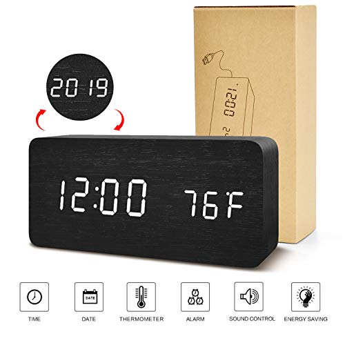 BlaCOG Digital Clock, Adjustable Brightness Voice Control Wooden Alarm Clocks for Bedrooms Office