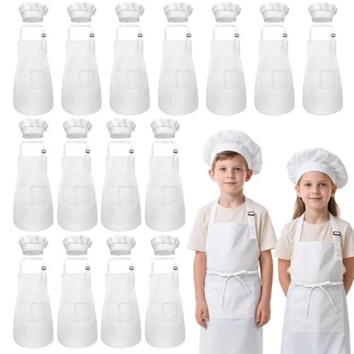 Kids Apron and Chef Hat Set, 30 Pieces Boys Girls Kids Apron with 2 Pockets Adjustable for Cooking Classroom Baking Painting, 6-13 Years, White