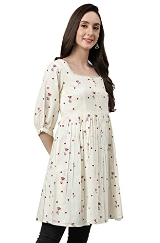 Image of Janasya Women's Cambric Cotton Botanical Print Flared Western Tunic Shirt